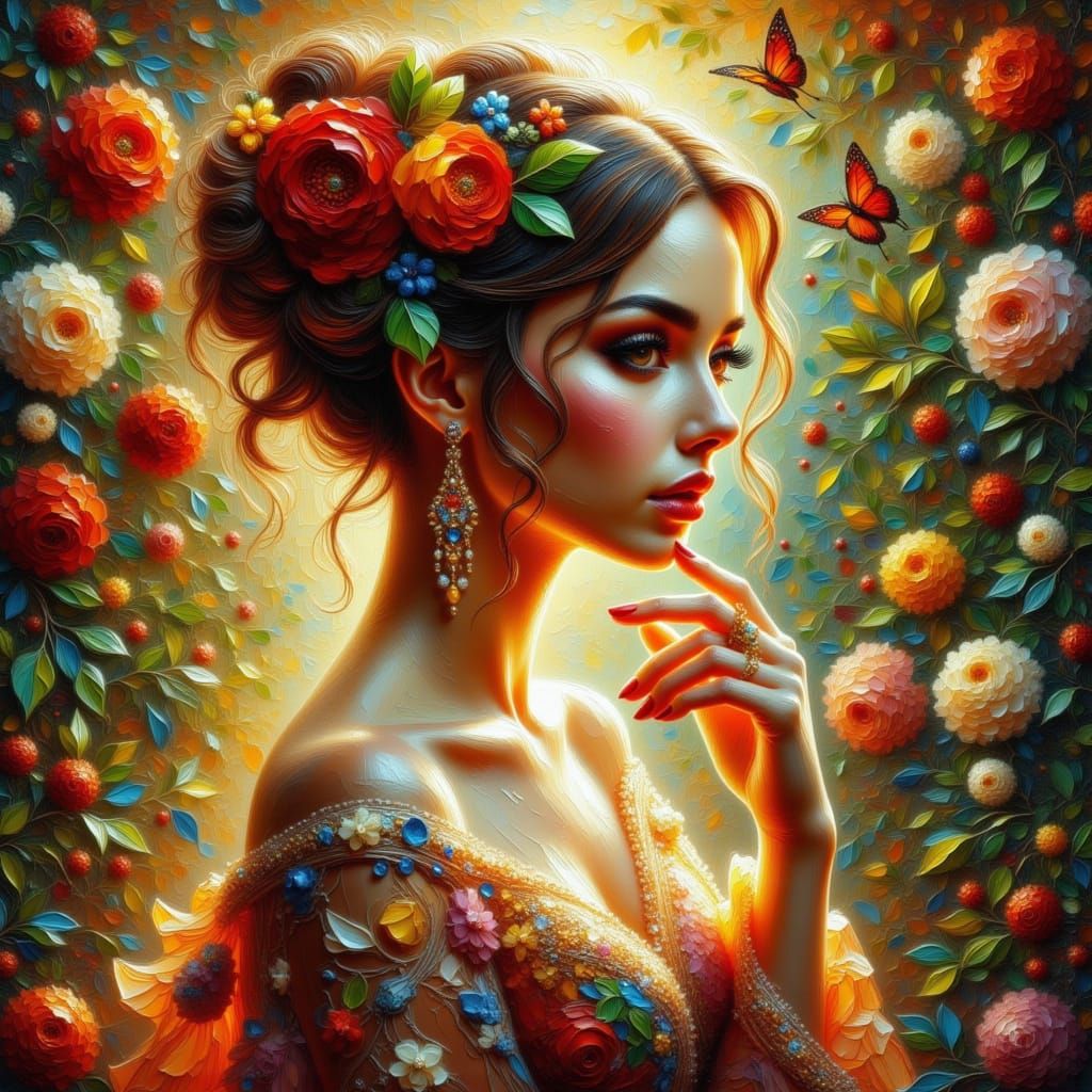 Elegant Woman Portrait in Impasto Art Nouveau Style