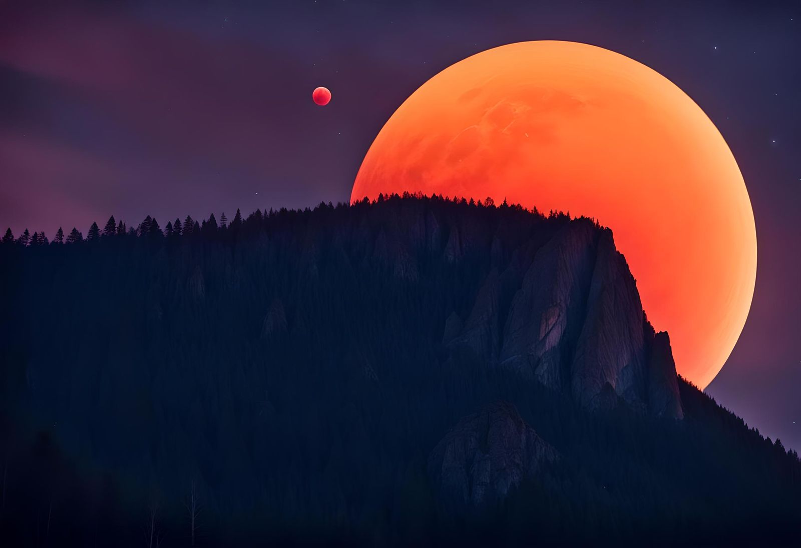 Dramatic Red Celestial Orb over Mountain Peak