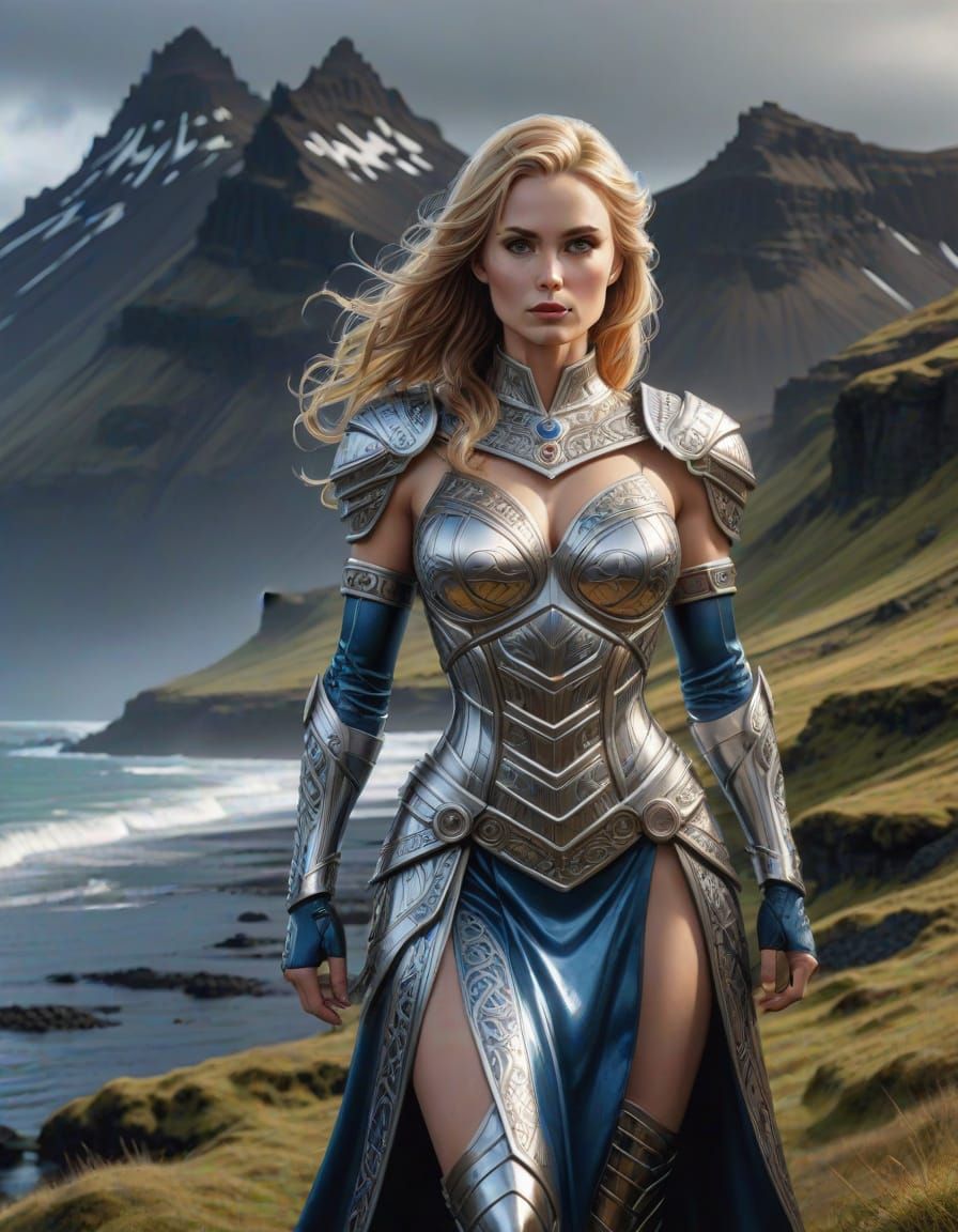 Hyperrealistic Woman in Metallic Armor Dress, Iceland