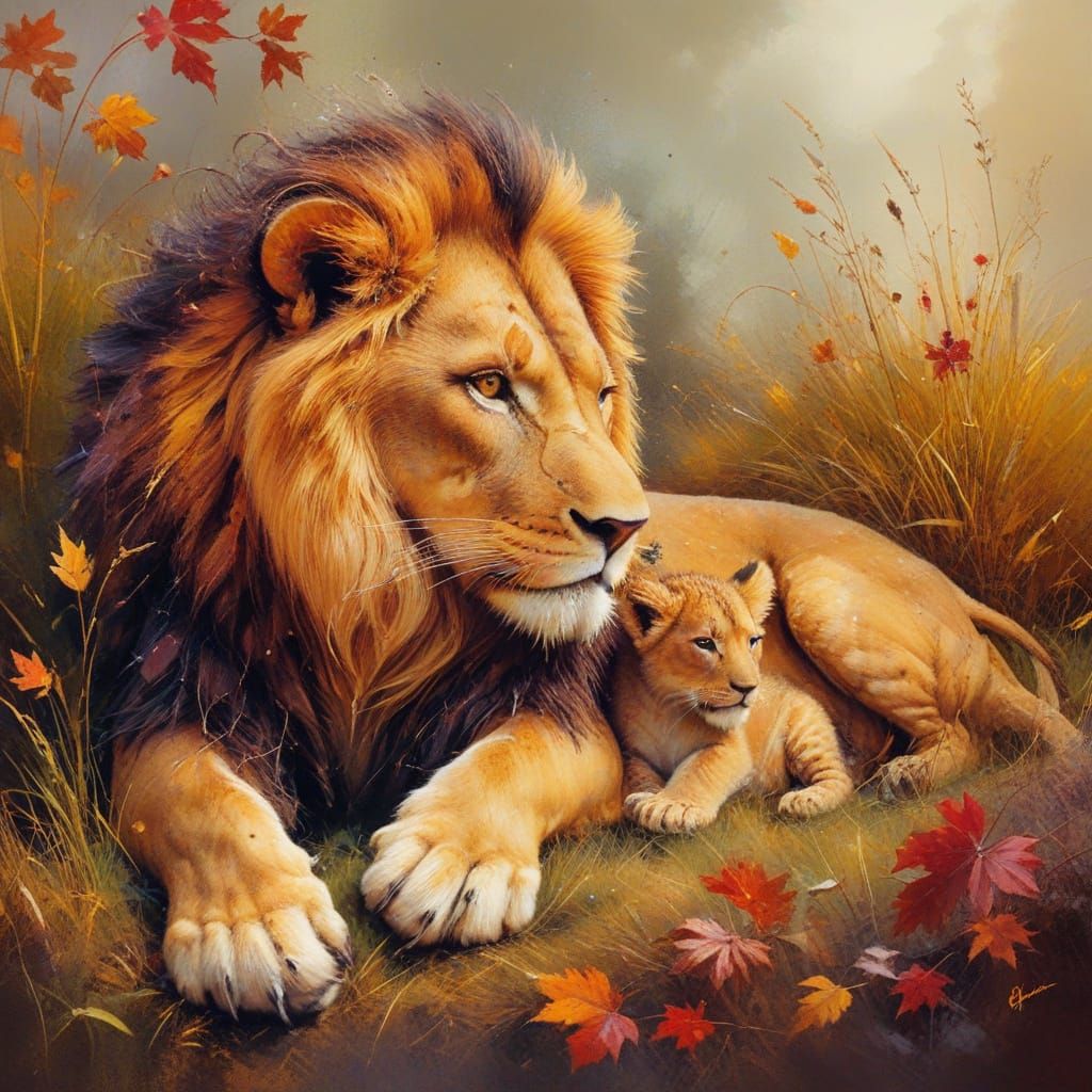 Lions in Golden Autumn Grasslands