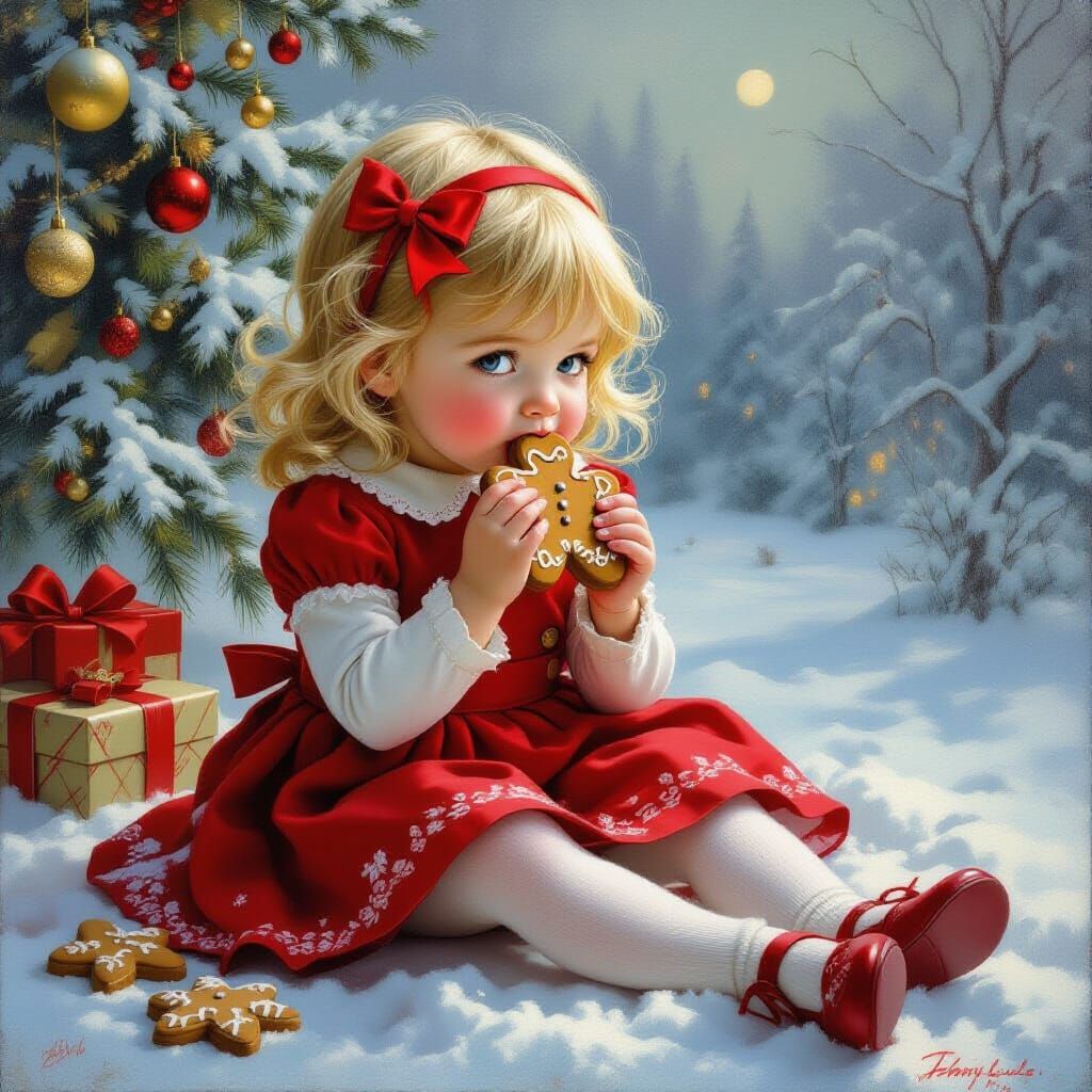 Cute Girl in Red Dress Nibbling Gingerbread in Ethereal Fant...