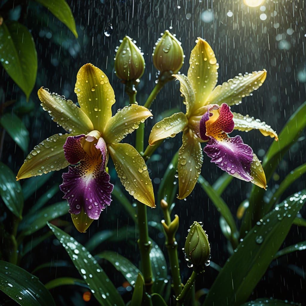 Hyperrealistic Digital Art of a Majestic Orchid in the Rain