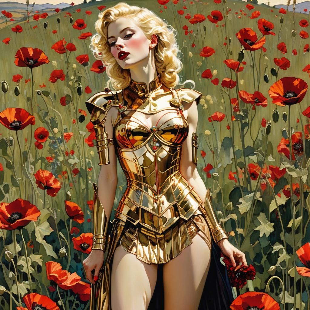 Woman Warrior in Poppy Field with Gold Gilt
