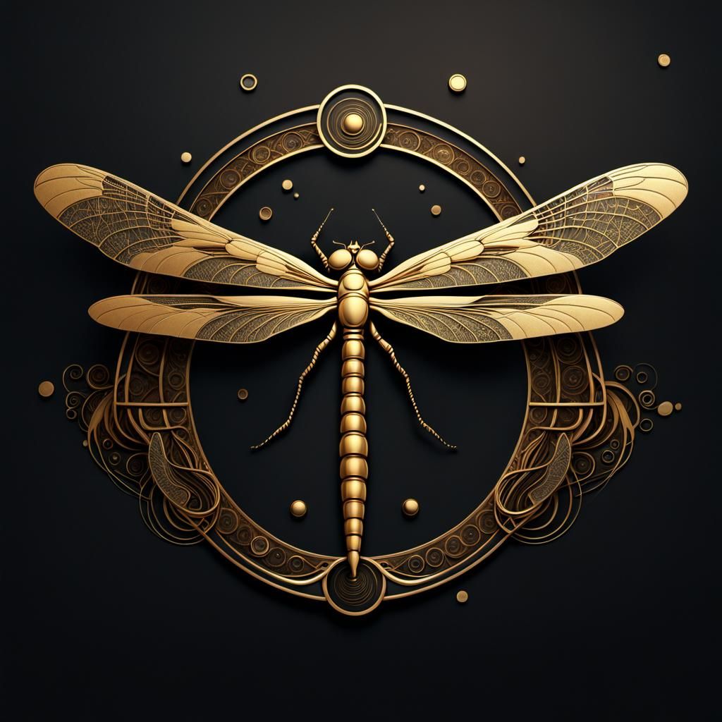 create elegant minimalist logo, logo icon, etnic, women dragonfly, beauty wings isolated on black with golden circles, w...