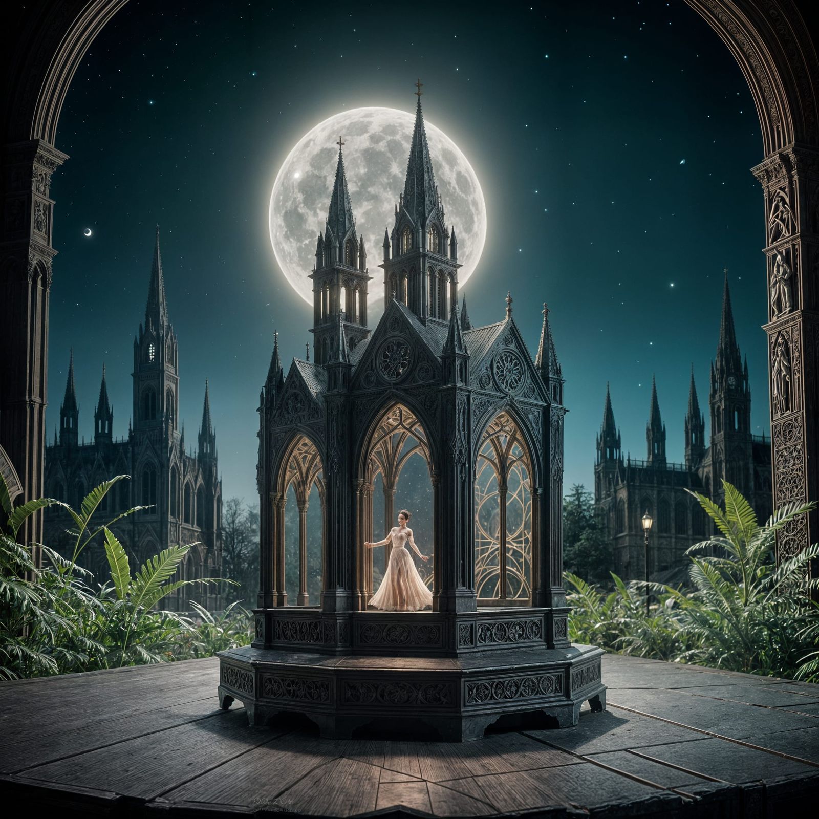 Gothic Cathedral Music Box with Spectral Ballerina