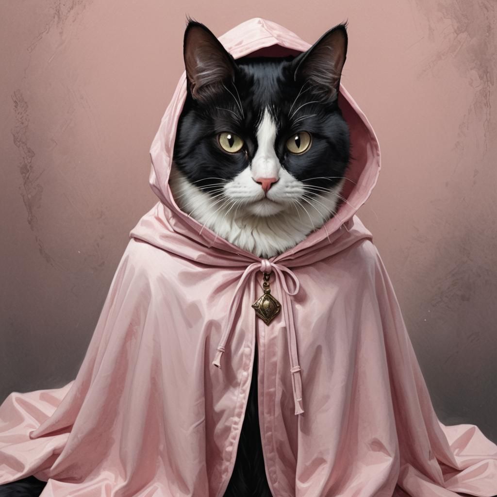 Cat in Pink Fur Cape, Engraving Style
