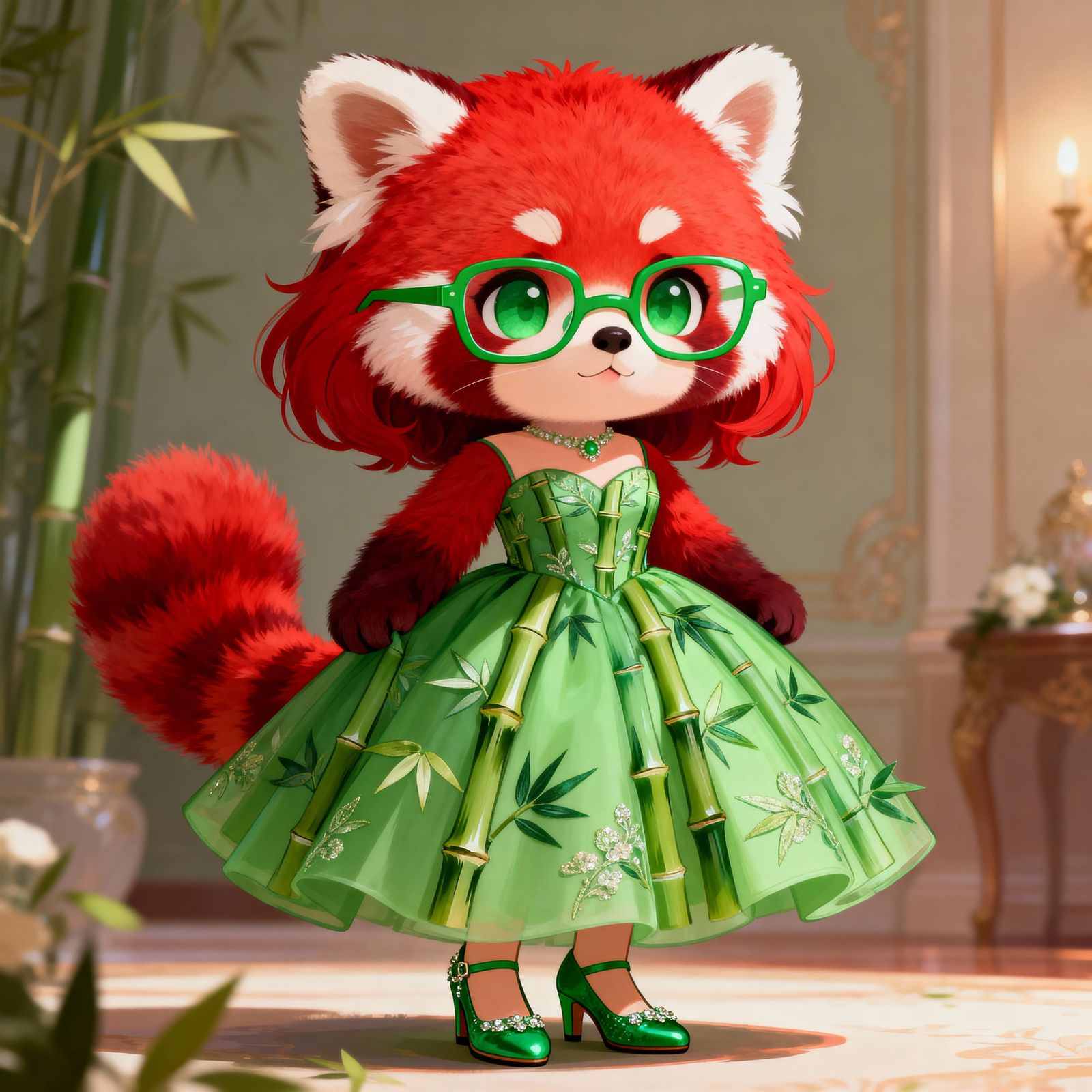 Cute Red Panda in Bamboo Dress with Green Accents