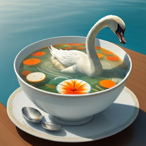 Swan's Soup Bath: Hyperrealistic Feline Feast