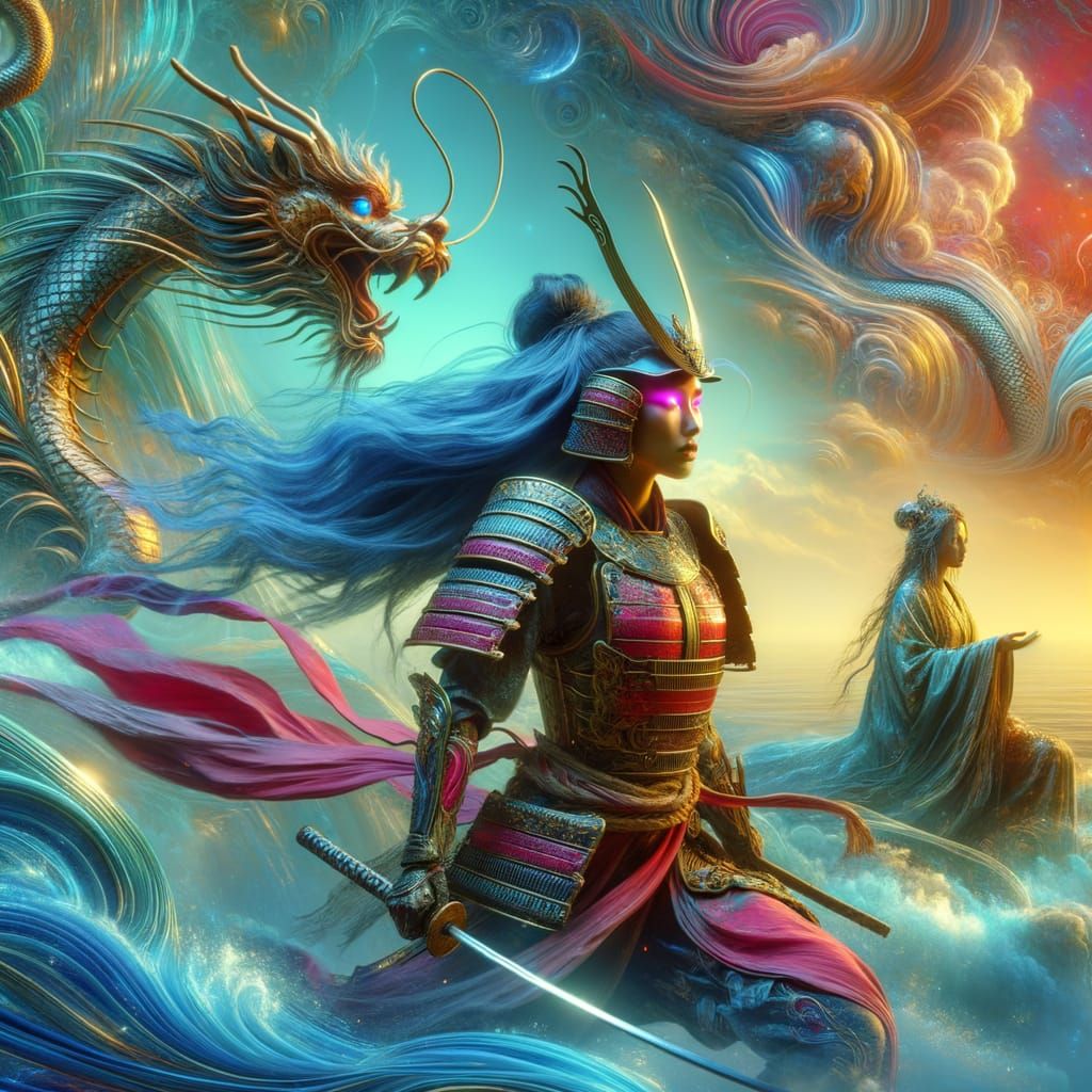 Samurai Woman on Alien World with Dragon