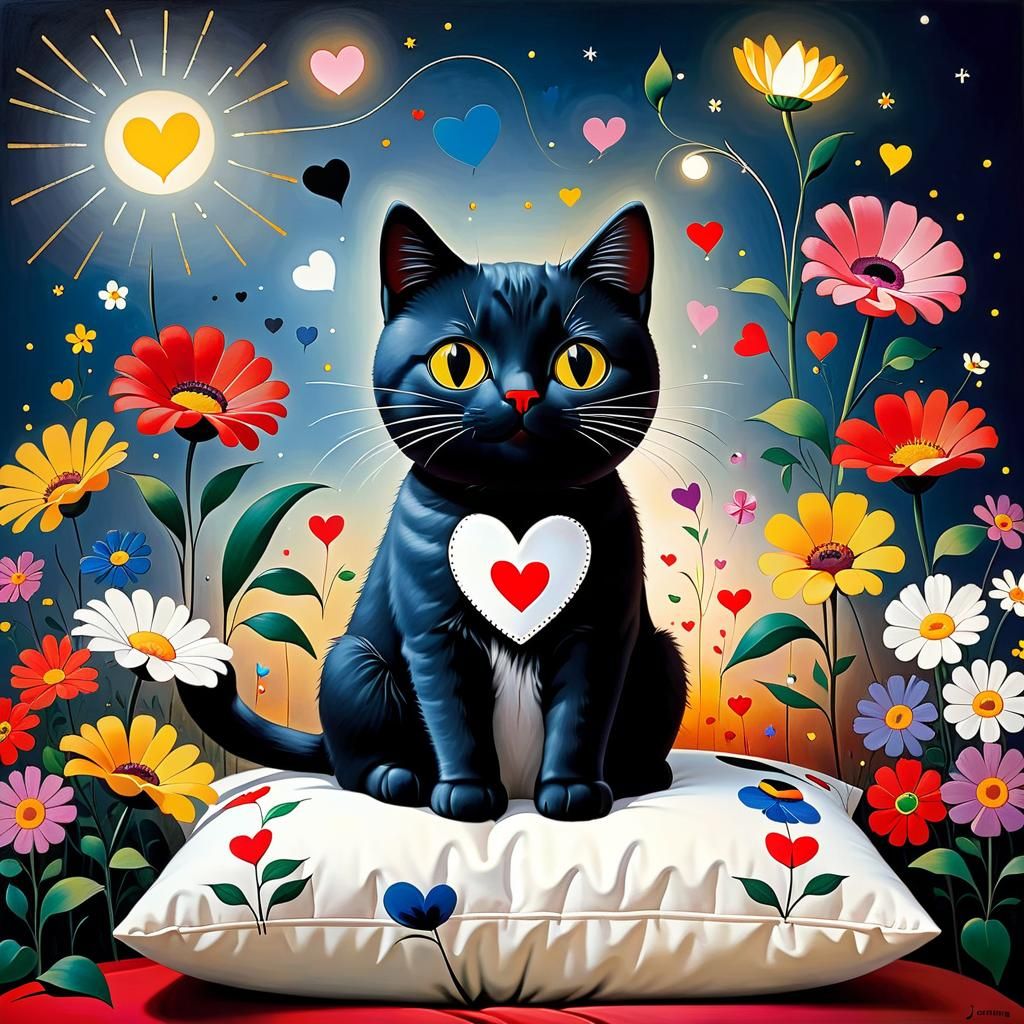 Cute Cat Surrounded by Flowers in Surrealist Style