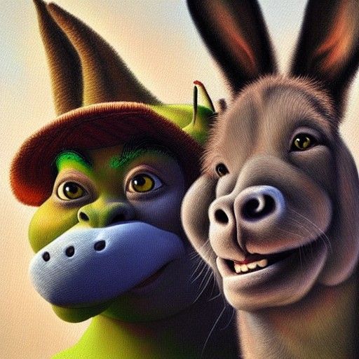 Shrek and Animal Companions, Oil Painting