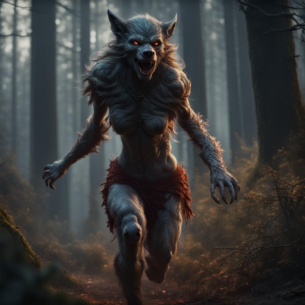 Werewolf Woman Runs Through Woods: Fantasy Art