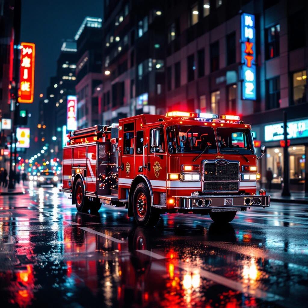 Majestic Red Firetruck at Night on Rainy City Street