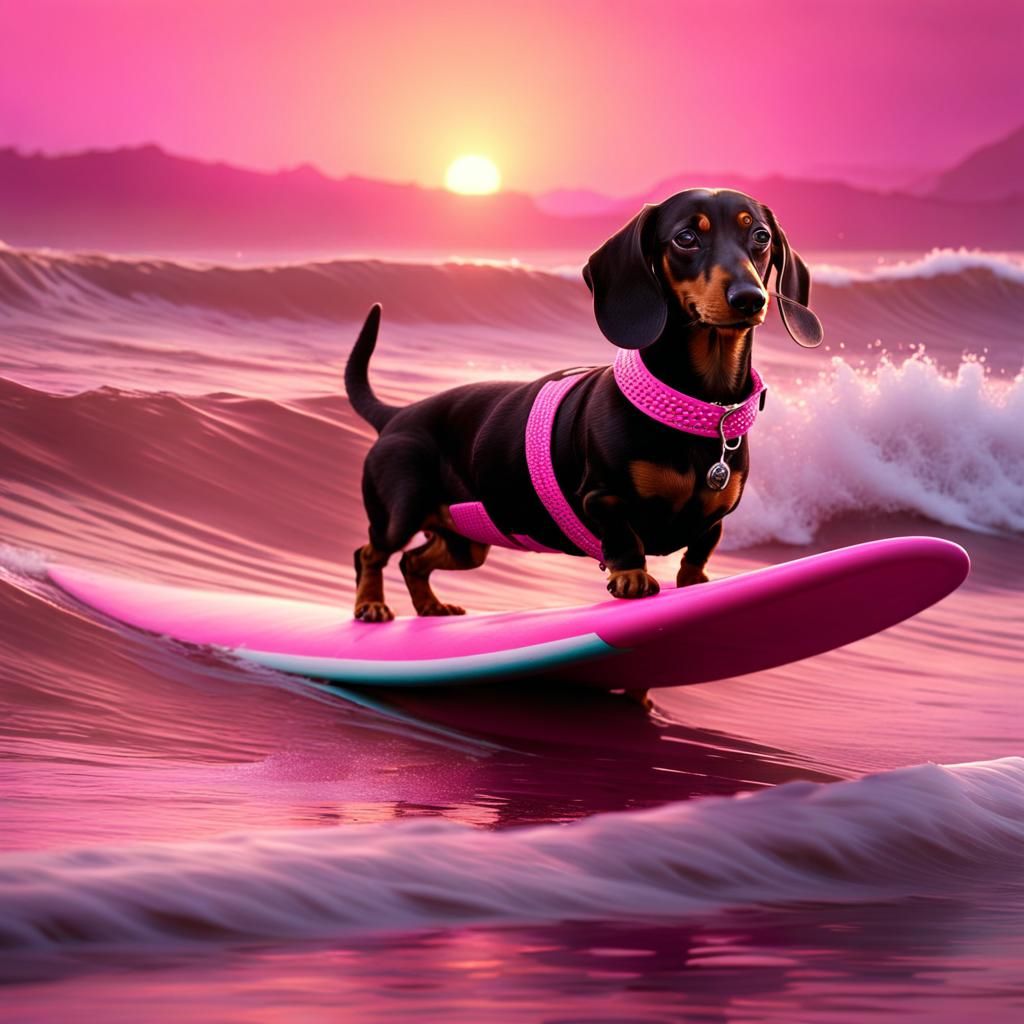 Dachshund Surfing at Sunset: Detailed Matte Painting