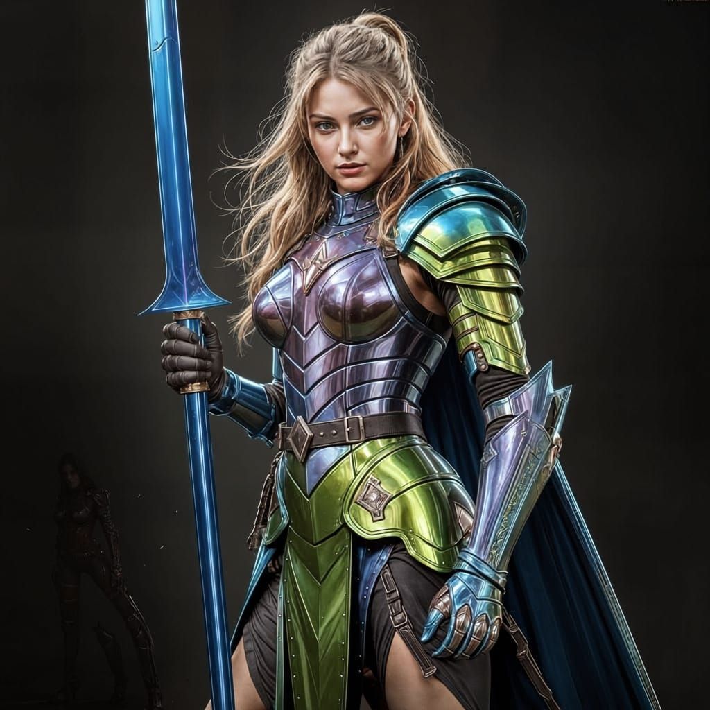 Hyperrealistic Woman in Red Armor Holding Sword