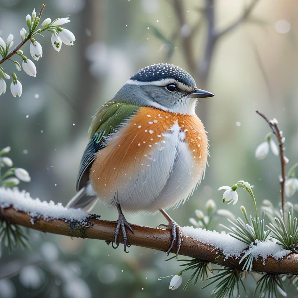 Watercolor Bird on Snowy Branch in Pastel Forest