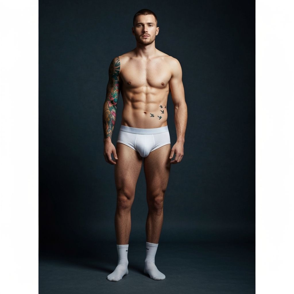 Shirtless Male Model with Tattoos in Moody Lighting