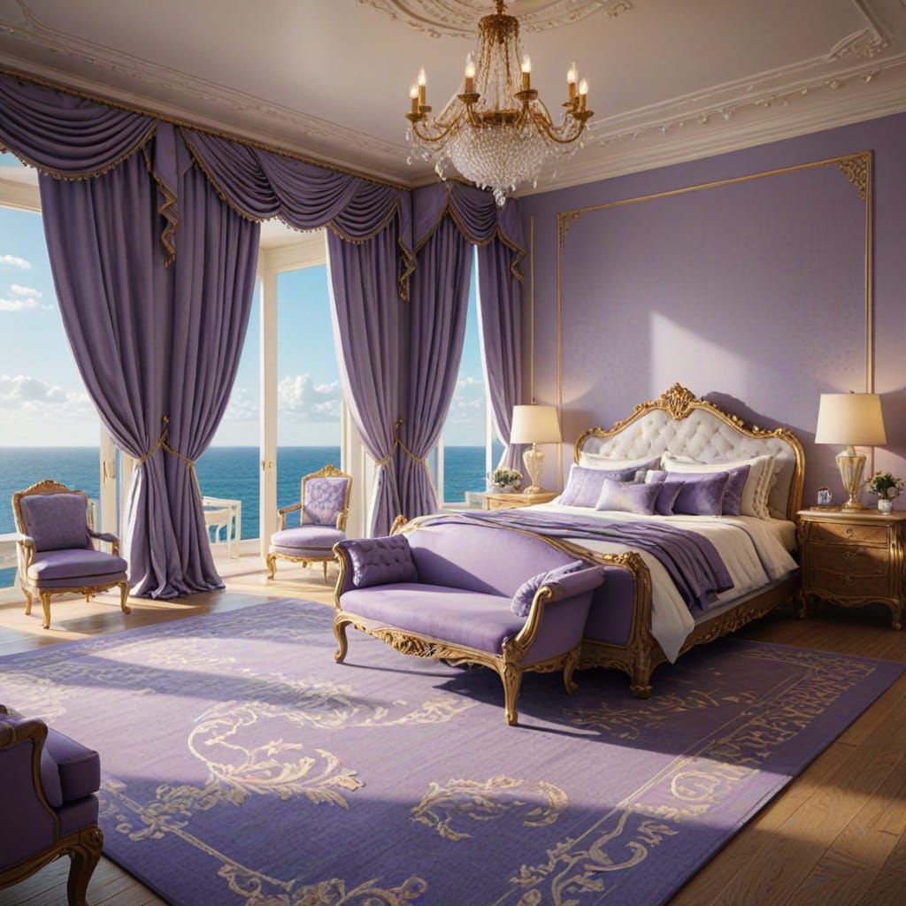 Grand Ocean View Bedroom in Lavender, Gold, and White