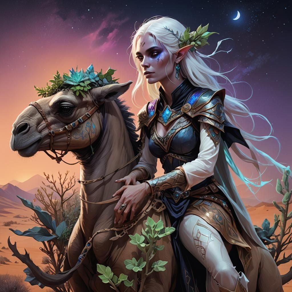 Dark Elf Rides Camel Through Desert Night