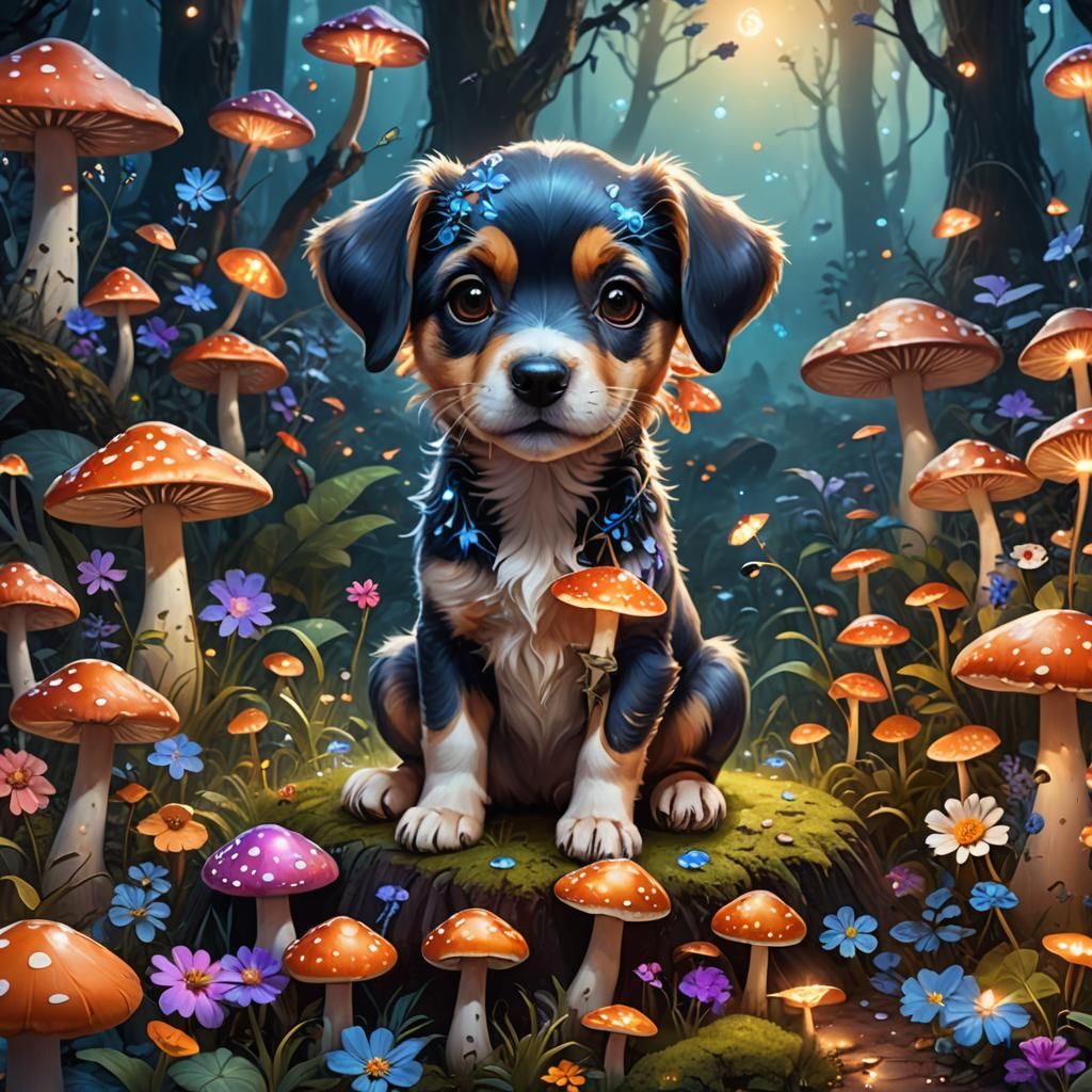 Cute Puppy in a Fantasy Mushroom Forest