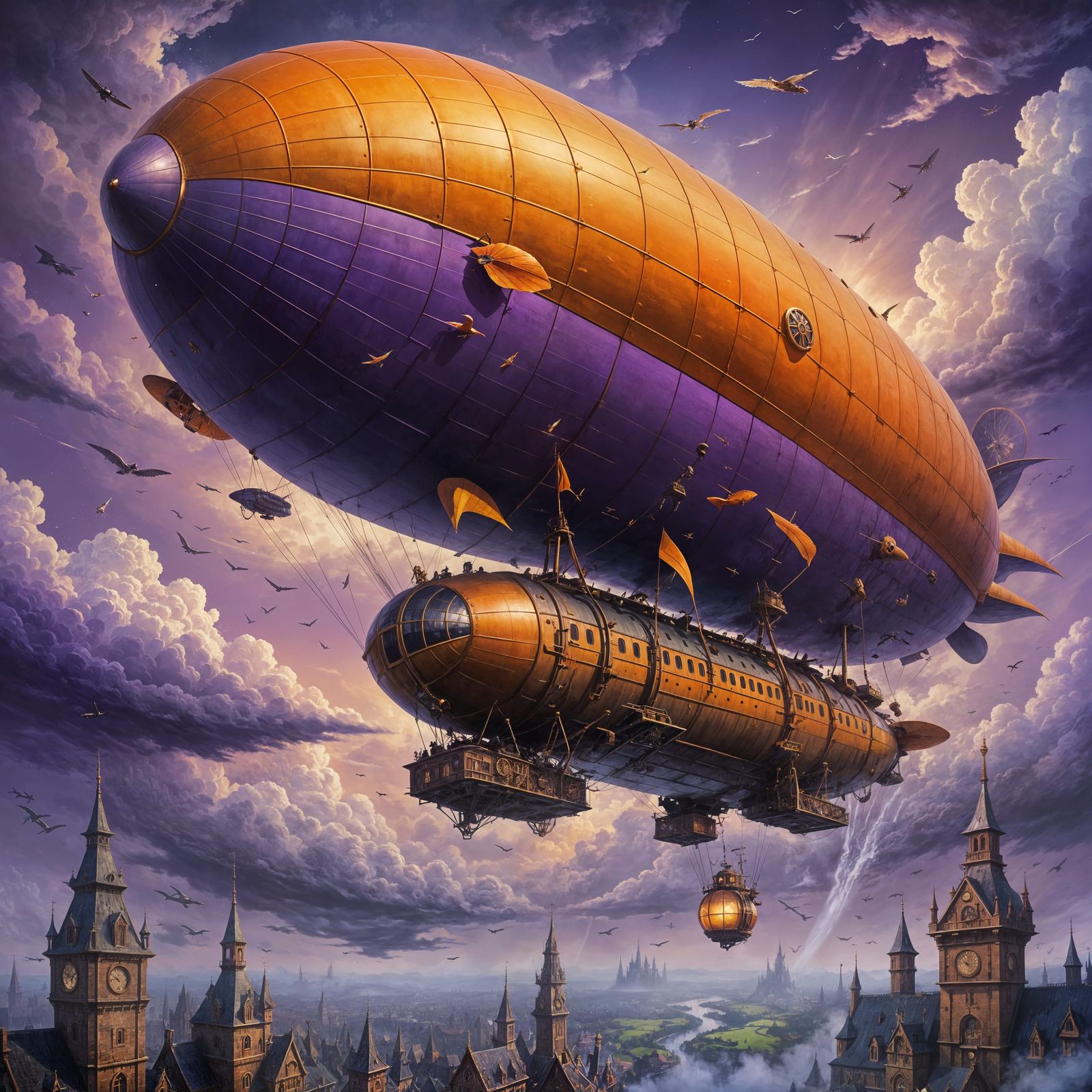 Vibrant Steampunk Zeppelin Soars Through Enchanted Skies