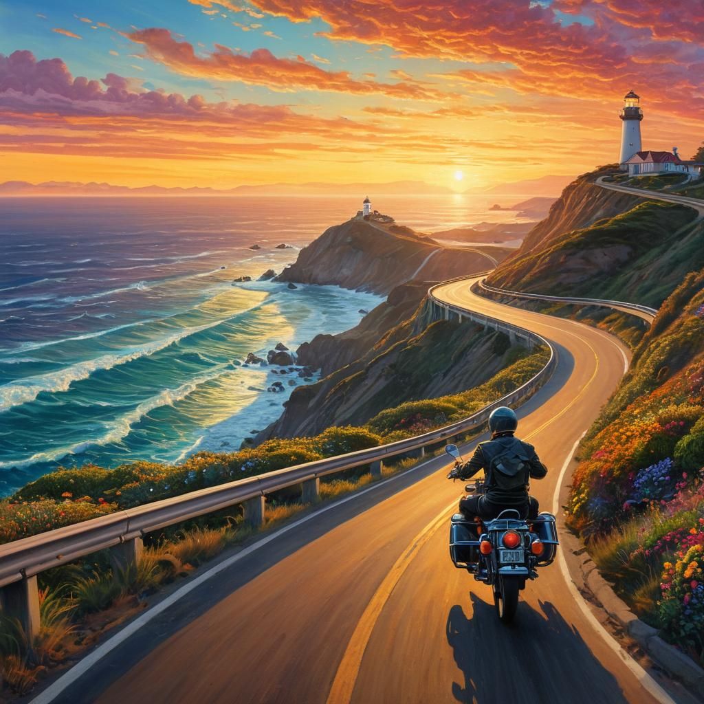 Motorcycle Road Trip to Distant Lighthouse: Oil and Watercol...