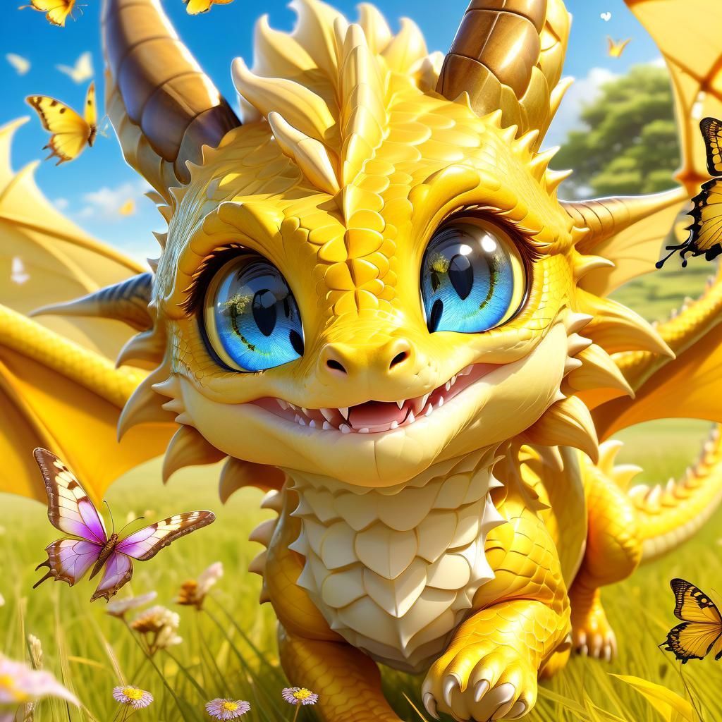 Adorable Yellow Dragon Chasing Butterflies in Anime Style