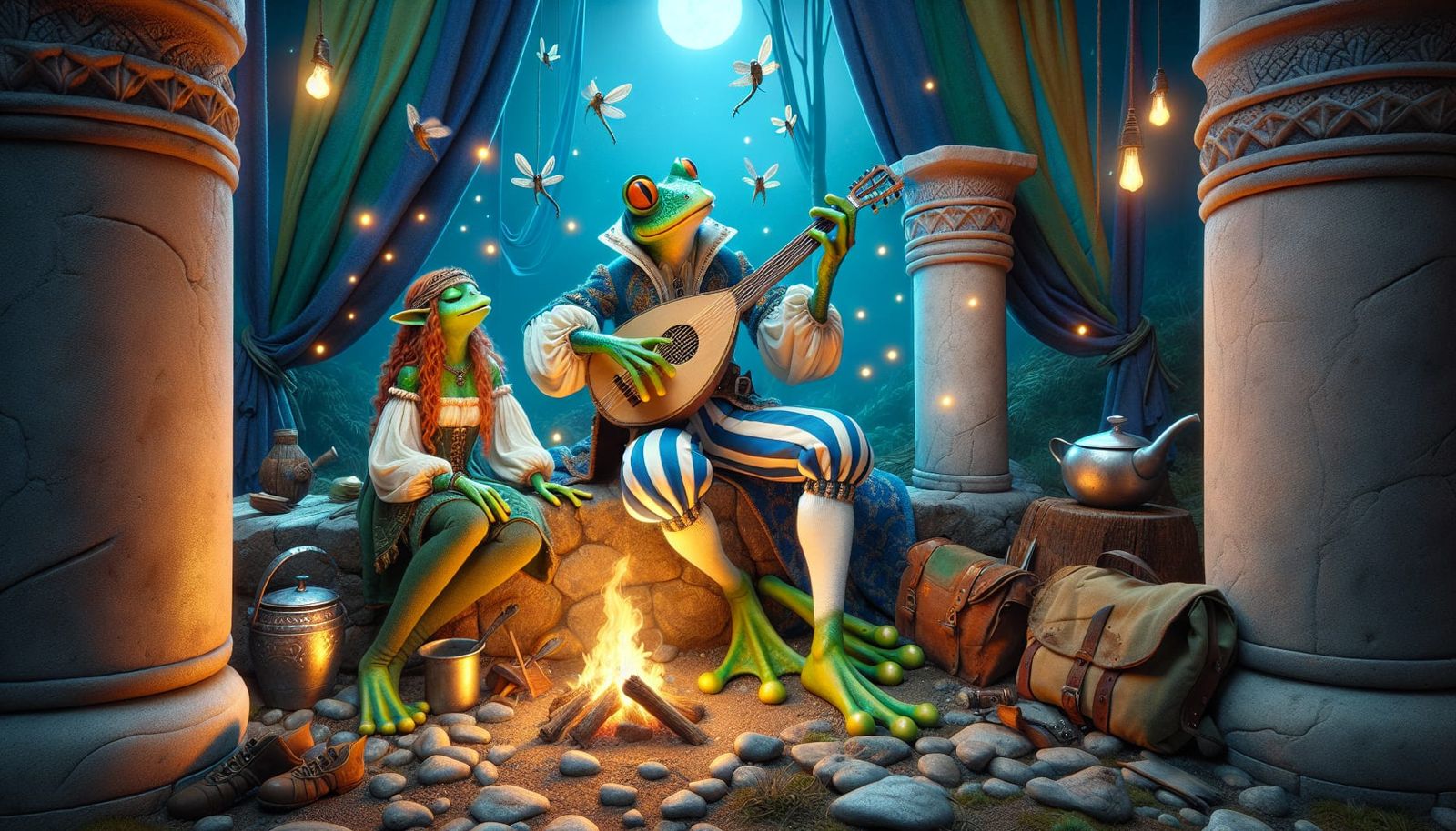 Frog Troubadour and Elf at Twilight Campsite