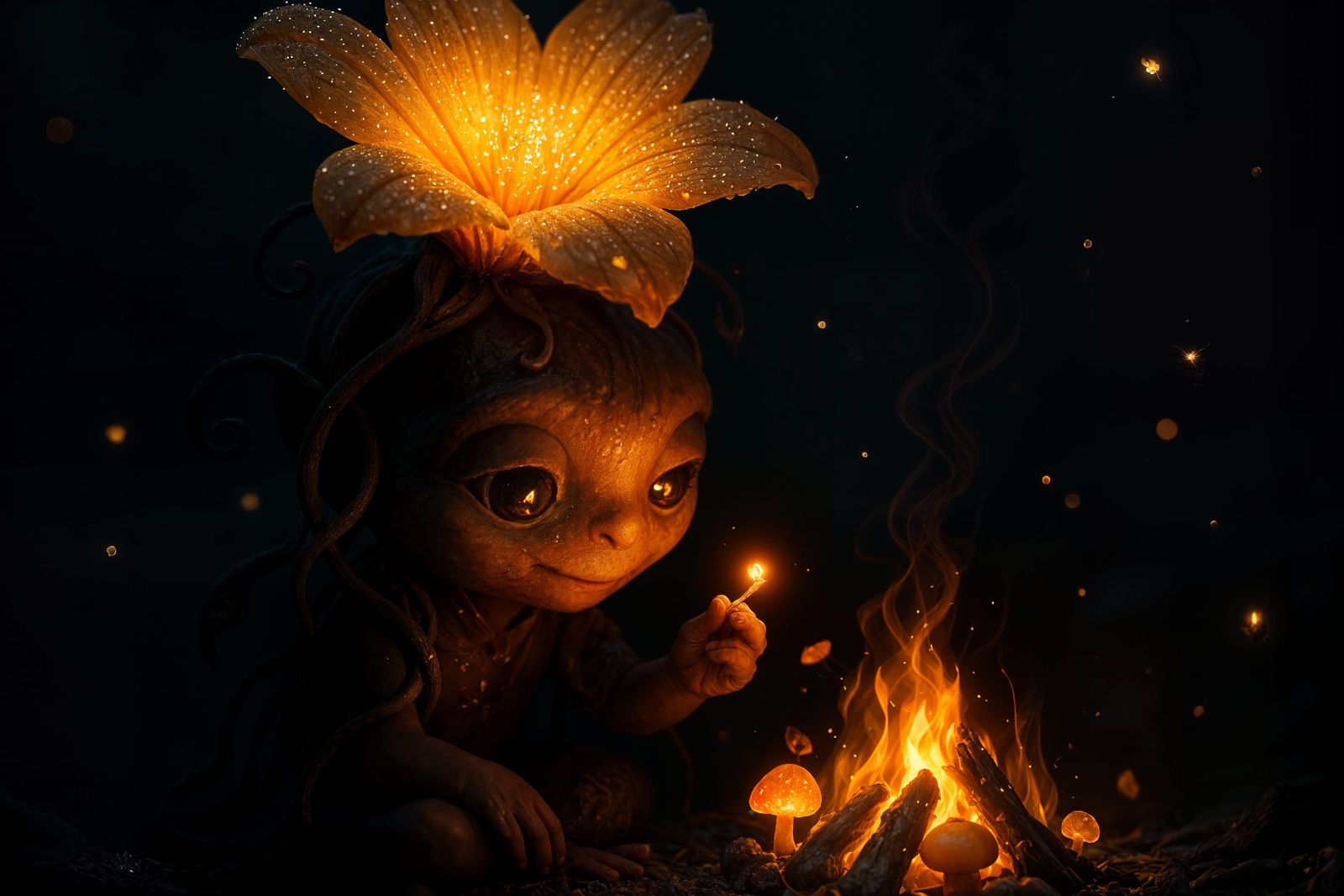 Enchanted Bloomling Beside Mushroom Fire