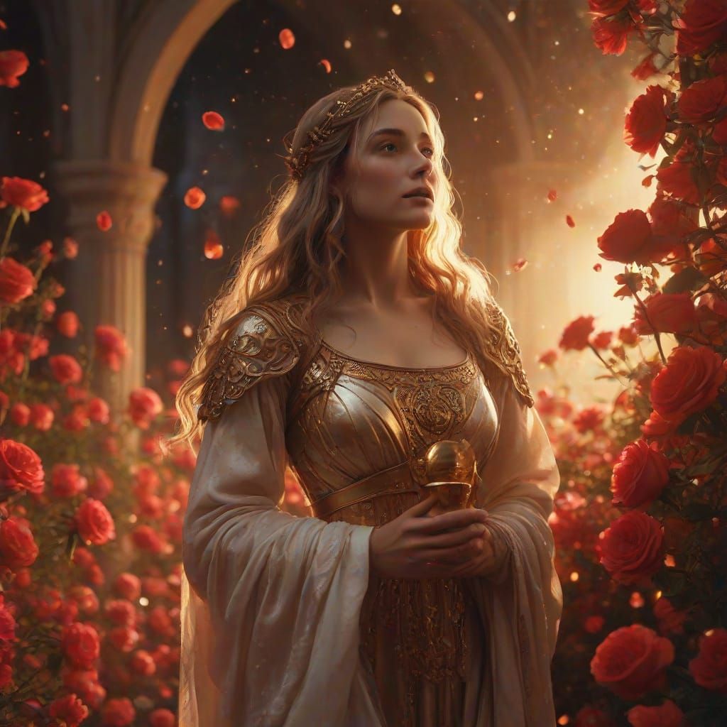 Celestial Goddess with Holy Grail Amidst Rose Galaxy