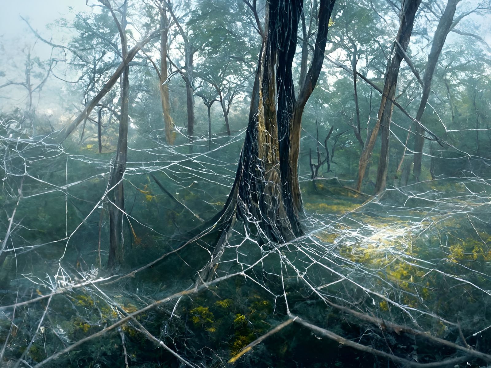 Expansive Spiderweb Across Forest Trees in Photorealistic St...