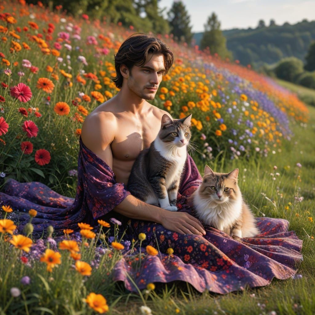 Gay Man in Dress in Flower Field
