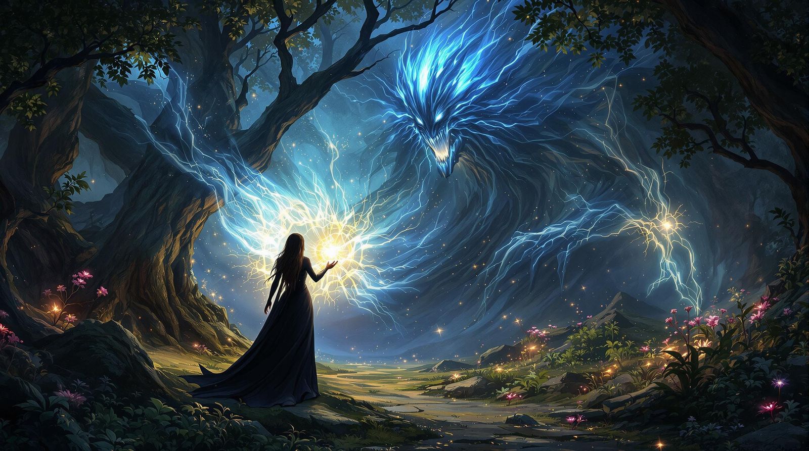 Sorceress Summons Guardian in Dark Fantasy Grove