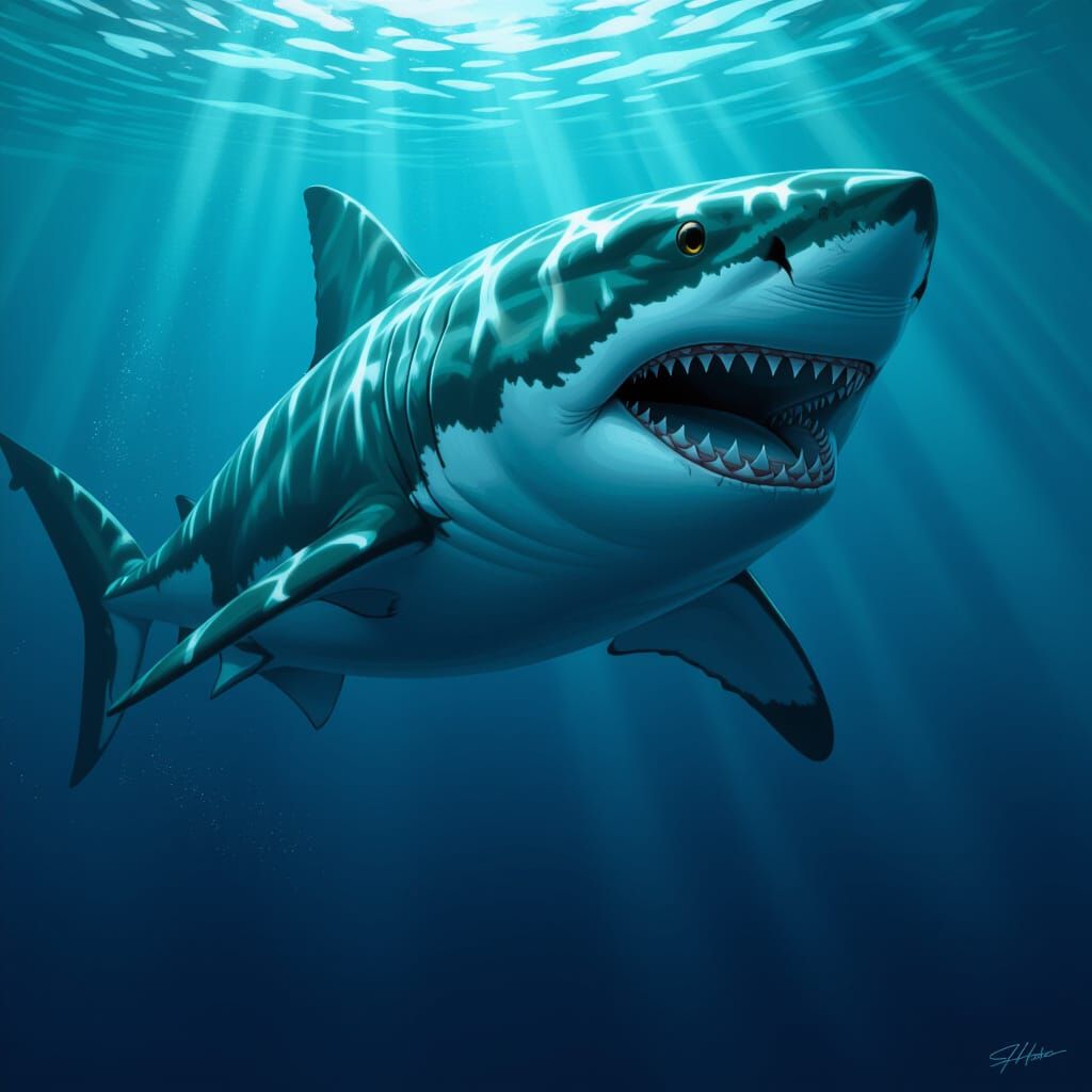 Colossal Muscular Shark in Dark Atmospheric Style