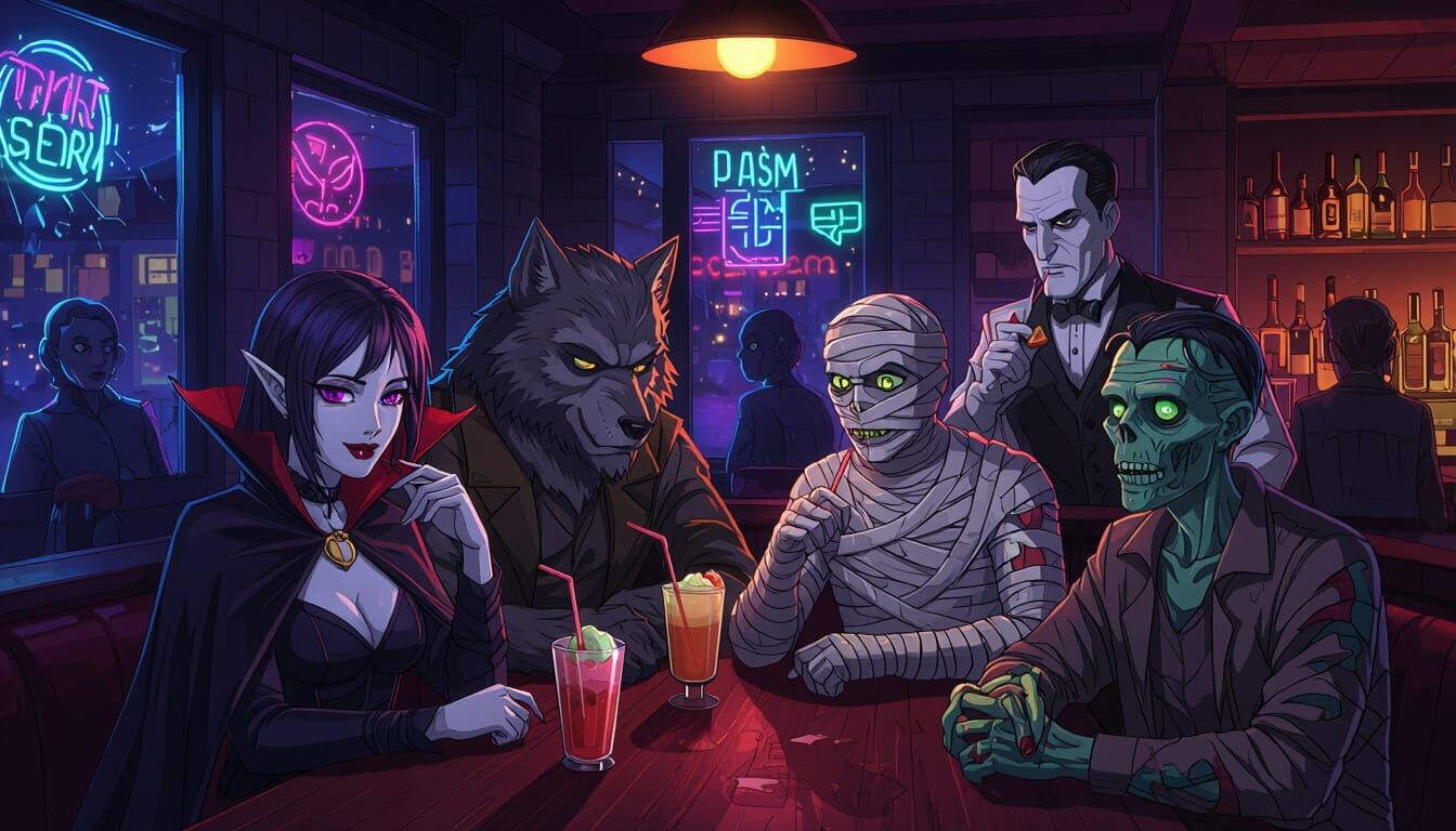 Monster Mashup at a Neon-Lit Bar