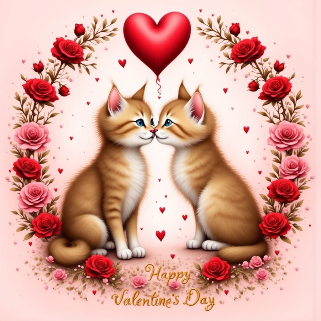 <lora:Minoucheries:1.0> <lora:Kitty:1.0> <lora:Cats and Dogs:1.0> Valentines circle frame with red and pink roses weaved...