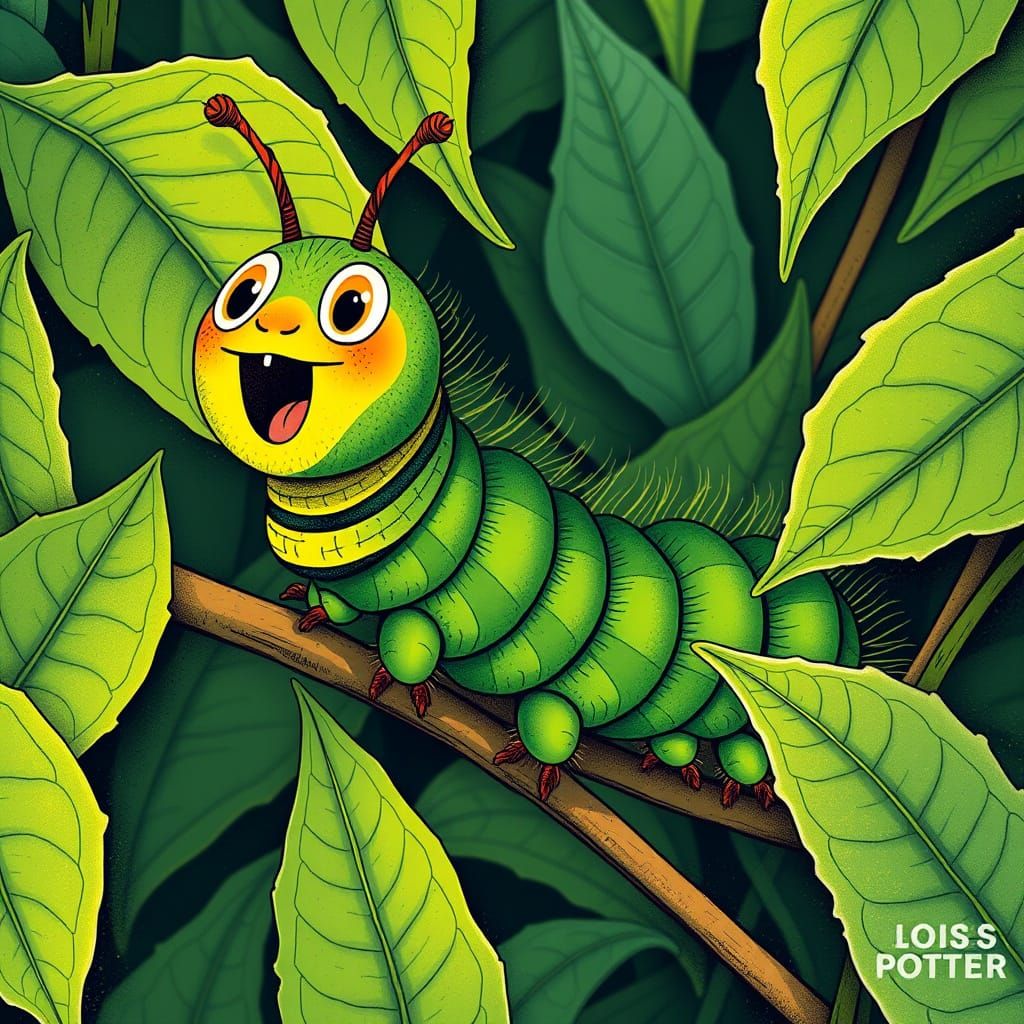 Excited Caterpillar in Children's Book Illustration Style