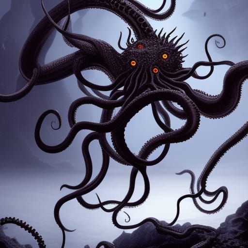 Menacing Undersea Creature with Tentacles in Digital Paintin...