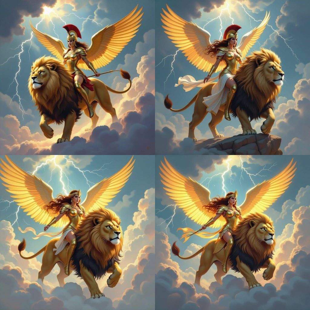 Greek Goddess Rides Winged Lion in Epic Painting