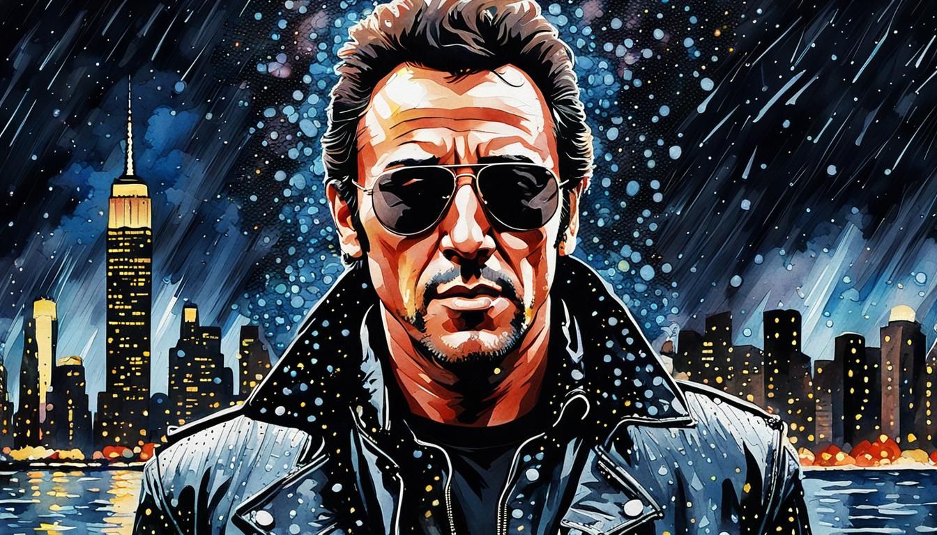 Bruce Springsteen Watercolor Portrait in Rainy New York