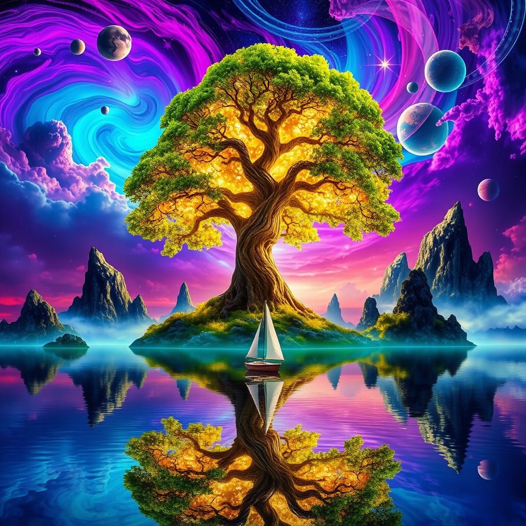 Surreal Cosmic Landscape with Luminous Tree and Celestial Bo...