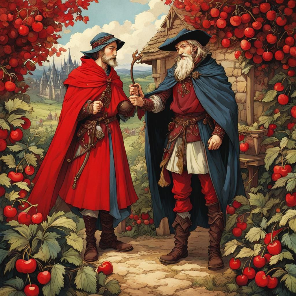 Father and Son in Garden, Arthur Rackham Style