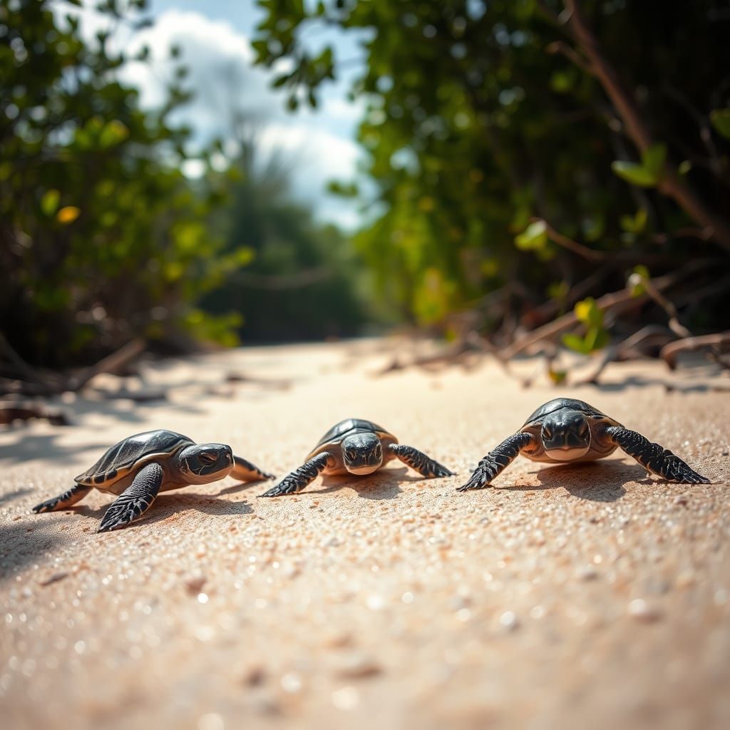 Sea Baby Turtles Crawling Towards the Ocean in a Lush Mangro...