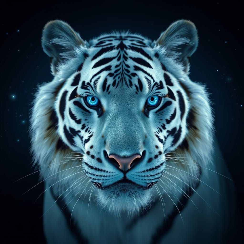 Majestic White Tiger in a Celestial Nighttime Scene