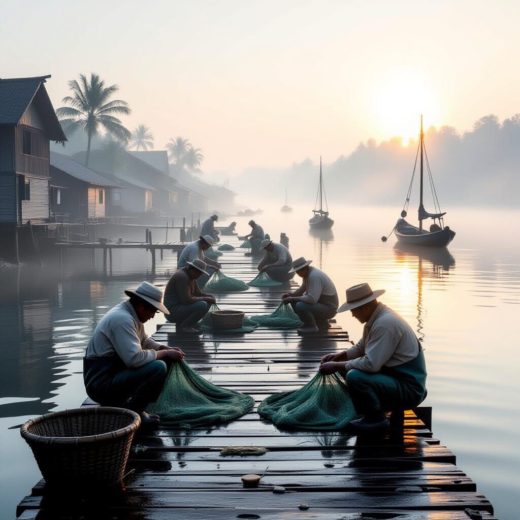 Fishermen Mending Nets in Foggy Village