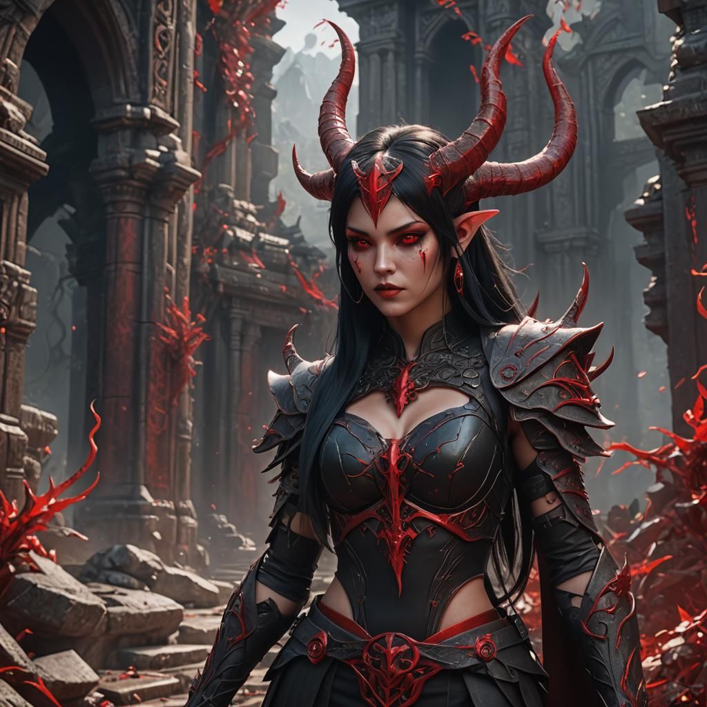 Girl, Black straight hair, red skin, red horns, red eyes