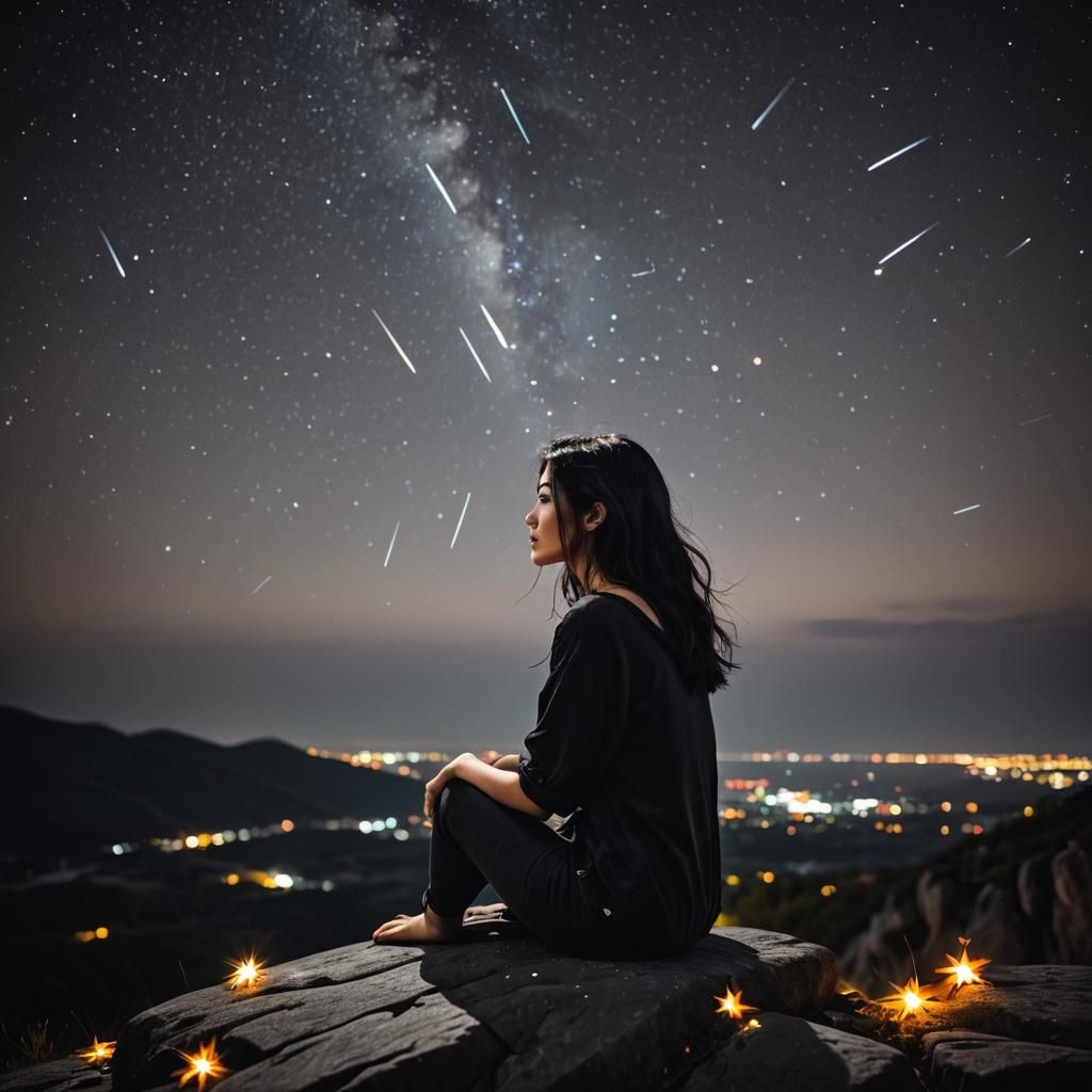 Girl Watching Shooting Stars at Night
