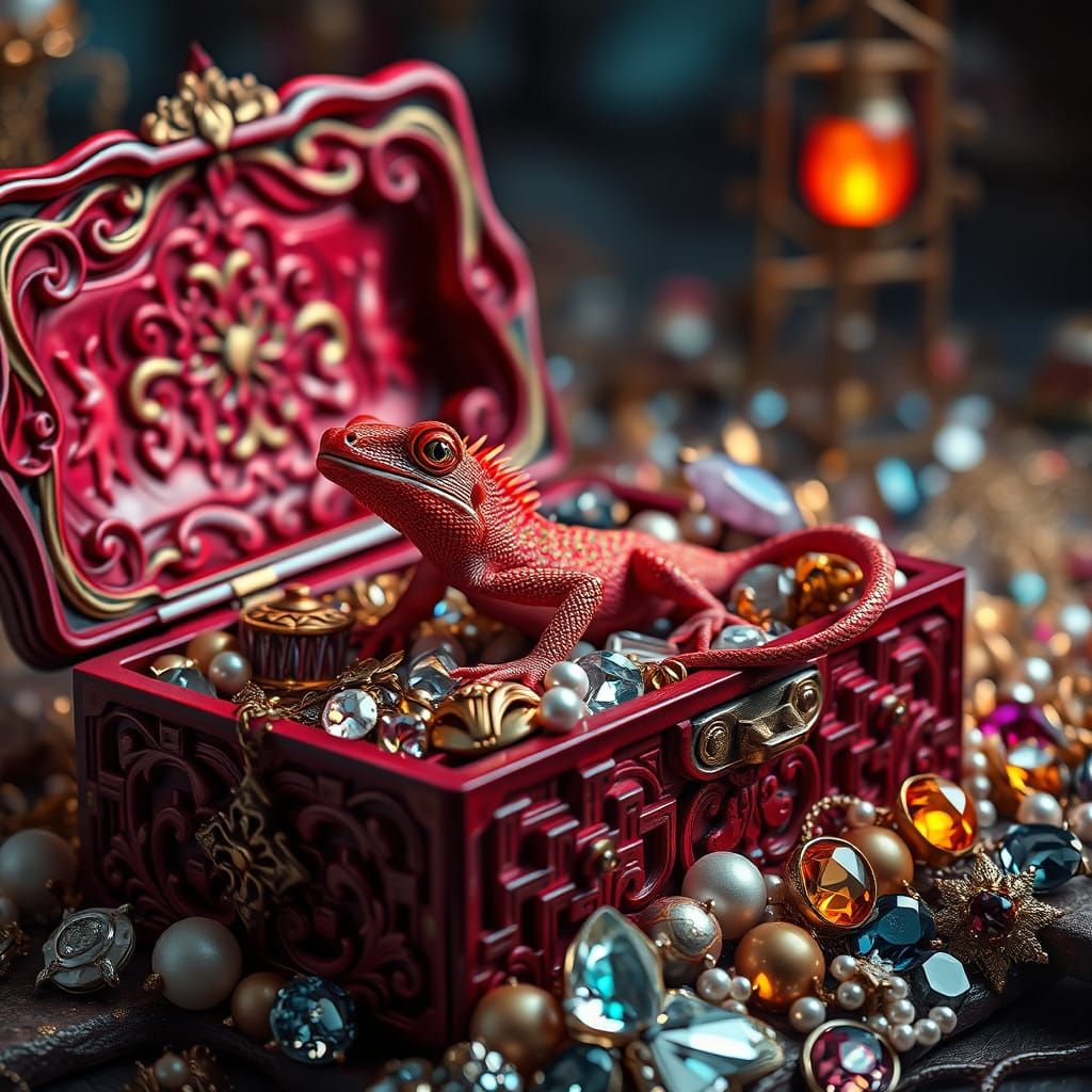 Miniature Red Lizard Amidst Treasure Trove in Crimson Jewelr...
