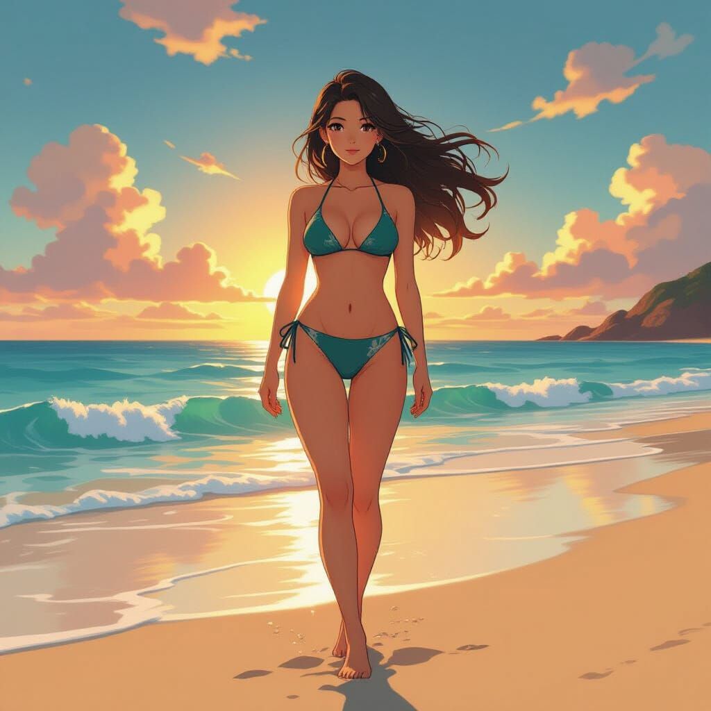 Giant Anime Woman on Beach at Sunset