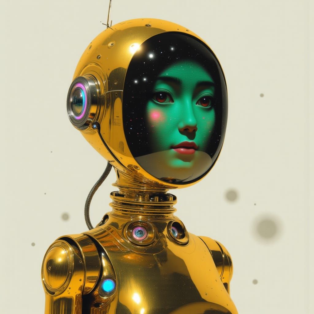 Golden Android with Glitch Face in Futuristic Style
